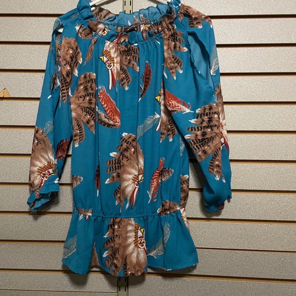 Cowgirl Legend Off The Shoulder Turquoise Feather Print Peasant Blouse‎ Top M